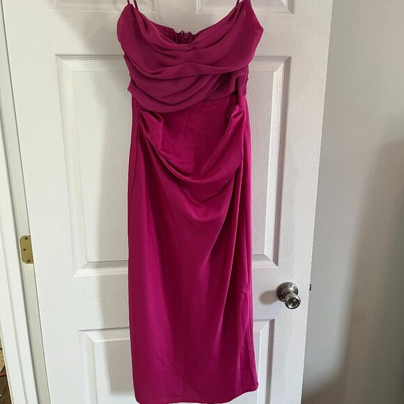 House of CB Teia Hot Pink Draped Corset Midi Dress | Size Medium - Picture 1 of 6